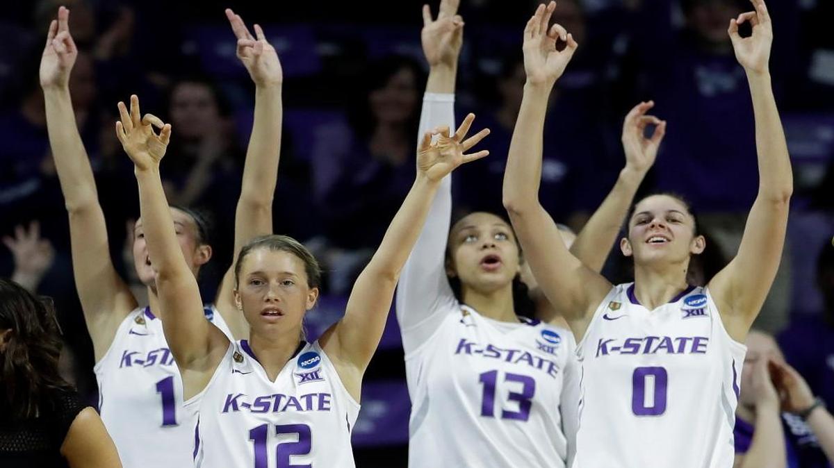 Kansas State players celebrate a second-half basket against Drake on Saturday. The Wildcats play host to Stanford on Monday in the second round of the NCAA Tournament.