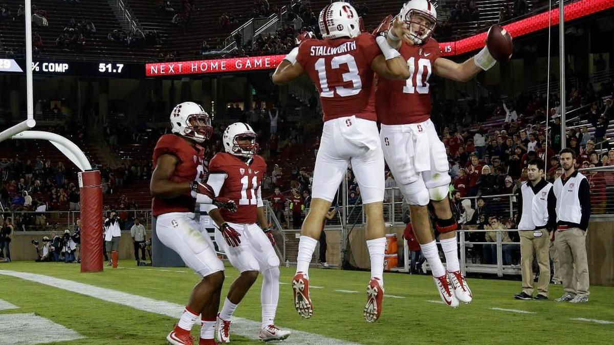 
Stanford quarterback Keller Chryst celebrates a touchdown against Arizona Saturday, Oct. 3, 2015, in Stanford, Calif. 
