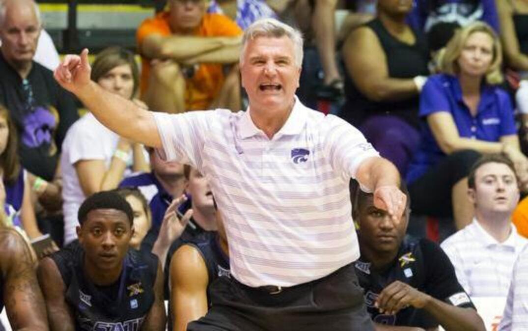 
Kansas State coach Bruce Weber yells to his team during the first half of Tuesday’s game against Arizona in the semifinals of the Maui Invitational in Lahaina, Hawaii. 
