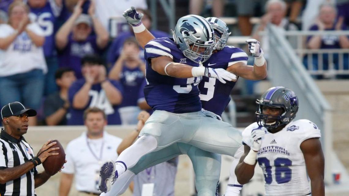 Kansas State players celebrate a touchdown against Central Arkansas. (September 2, 2017)