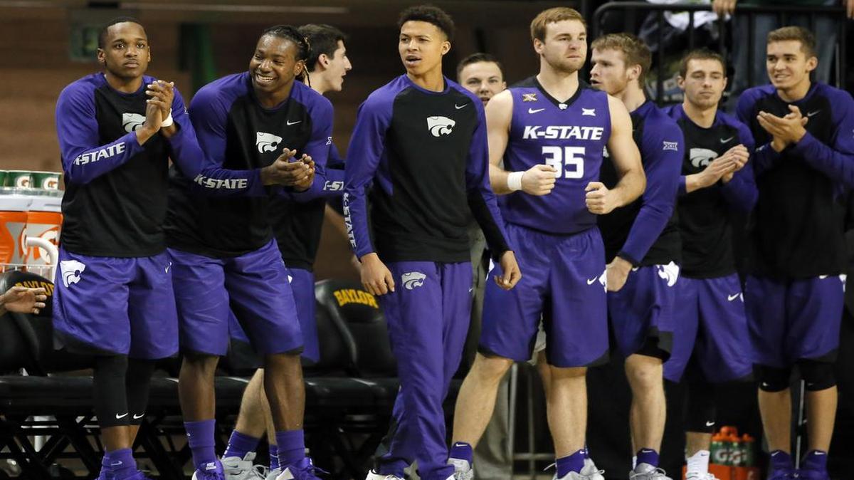 Kansas State’s bench celebrates a basket against Baylor in Waco, Texas.