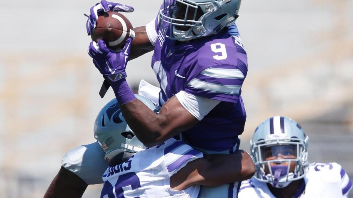 Byron Pringle brings in a pass during April’s K-State spring game. He figures to be a standout receiver for the Wildcats this season.