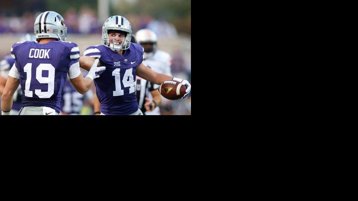 
K-State wide receiver Curry Sexton celebrates a pass reception against Auburn.
