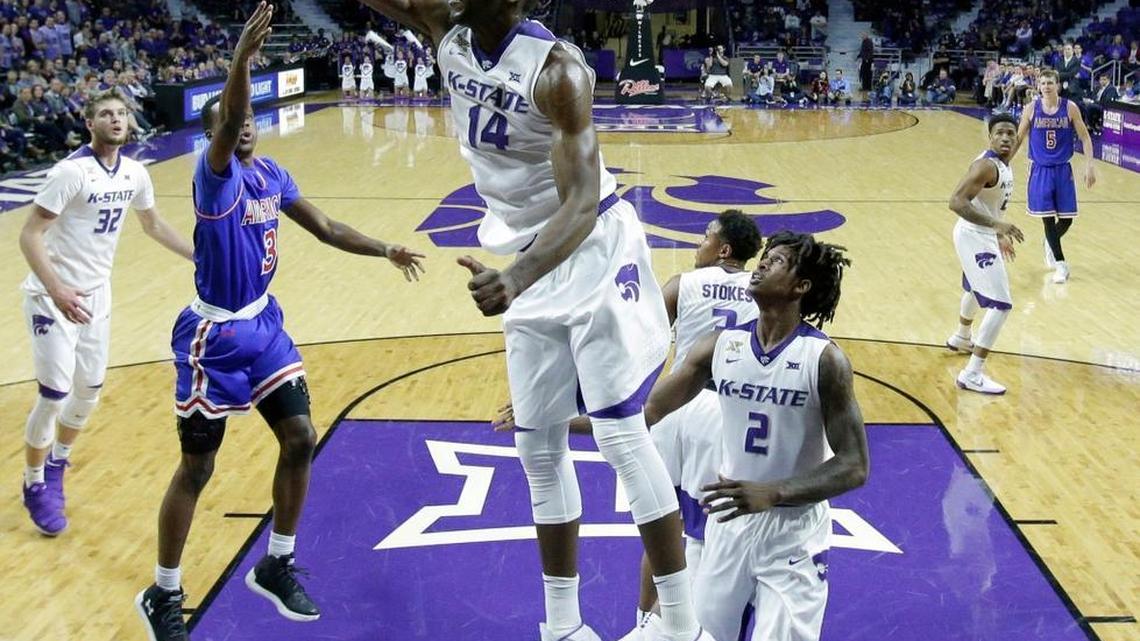 Kansas State’s Makol Mawien blocks a shot by American University’s James Washington during the first half Friday in Manhattan.