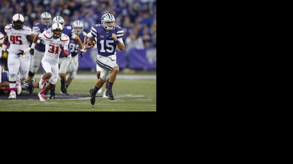 
K-State quarterback Jake Waters (15) leads the team with 320 rushing yards – 50 on this run against Texas Tech last Saturday.
