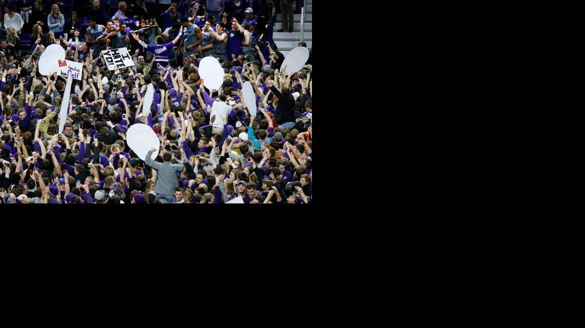 
K-State fans and players celebrate after K-State upset 8th rank Kansas Monday night in Manhattan 70-63 (February 23, 2015) 

