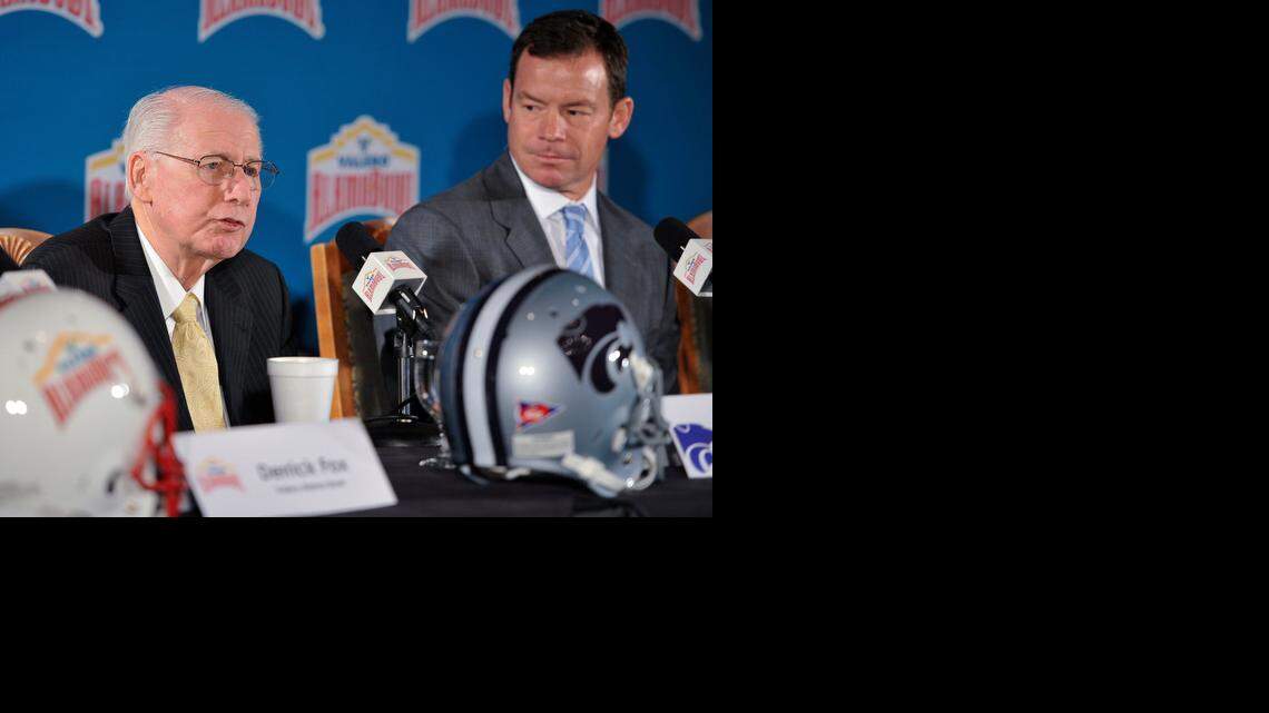 
Kansas State coach Bill Snyder, left, speaks as UCLA coach Jim Mora looks on during a Dec. 11 news conference.
