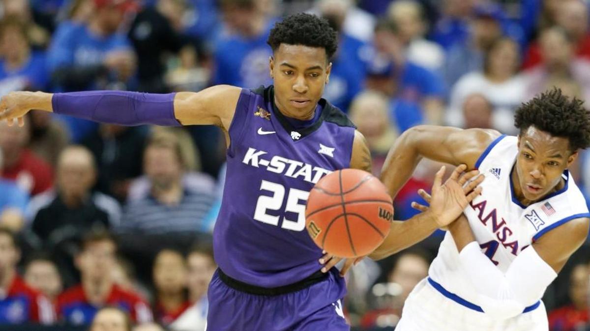 K-State forward Wesley Iwundu and Kansas guard Devonte' Graham chase after a ball knocked loose by Graham Thursday afternoon in the quarterfinal round of the 2016 Big 12 Men's Basketball Championship in the Sprint Center. (March 10, 2016)