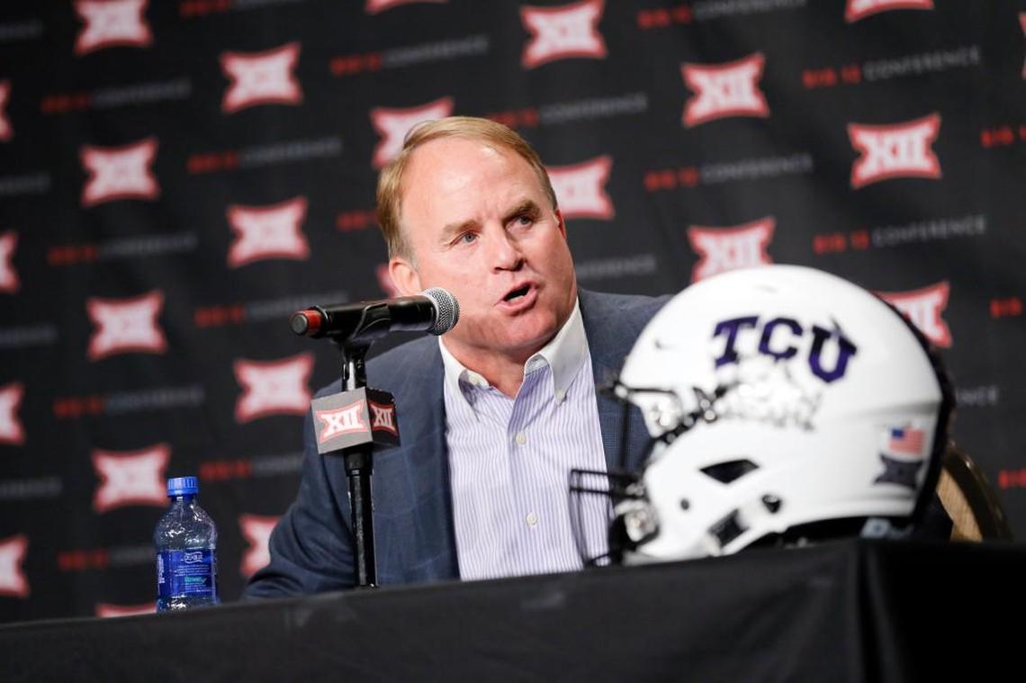 TCU football coach Gary Patterson addresses attendees during Big 12 media days, Monday, July 18, 2016, in Dallas. (AP Photo/Tony Gutierrez)