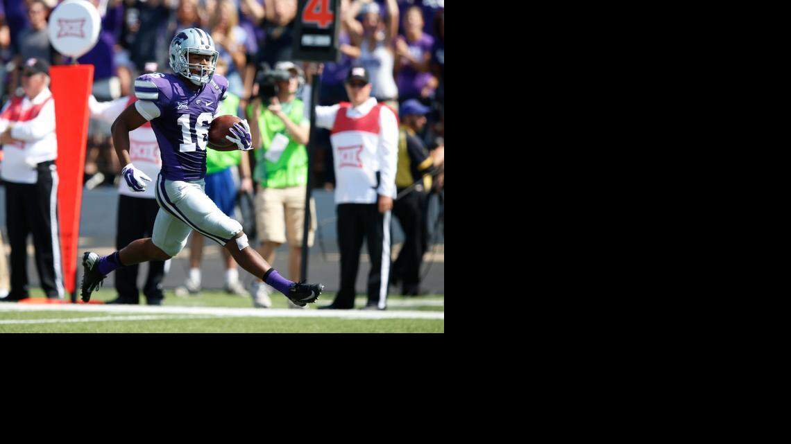 
K-State wide receiver Tyler Lockett returns a UTEP Miners punt for a 58 yard punt return and touchdown Saturday in the 3rd quarter.(Sept 27, 2014)

