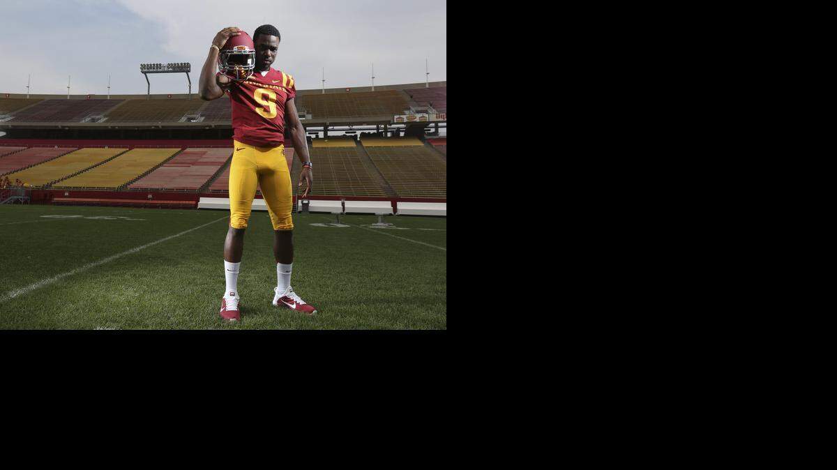 
Iowa State wide receiver Quenton Bundrage poses for a picture at Jack Trice Stadium in Ames, Iowa. (AP Photo/The Des Moines Register, Charlie Litchfield)
