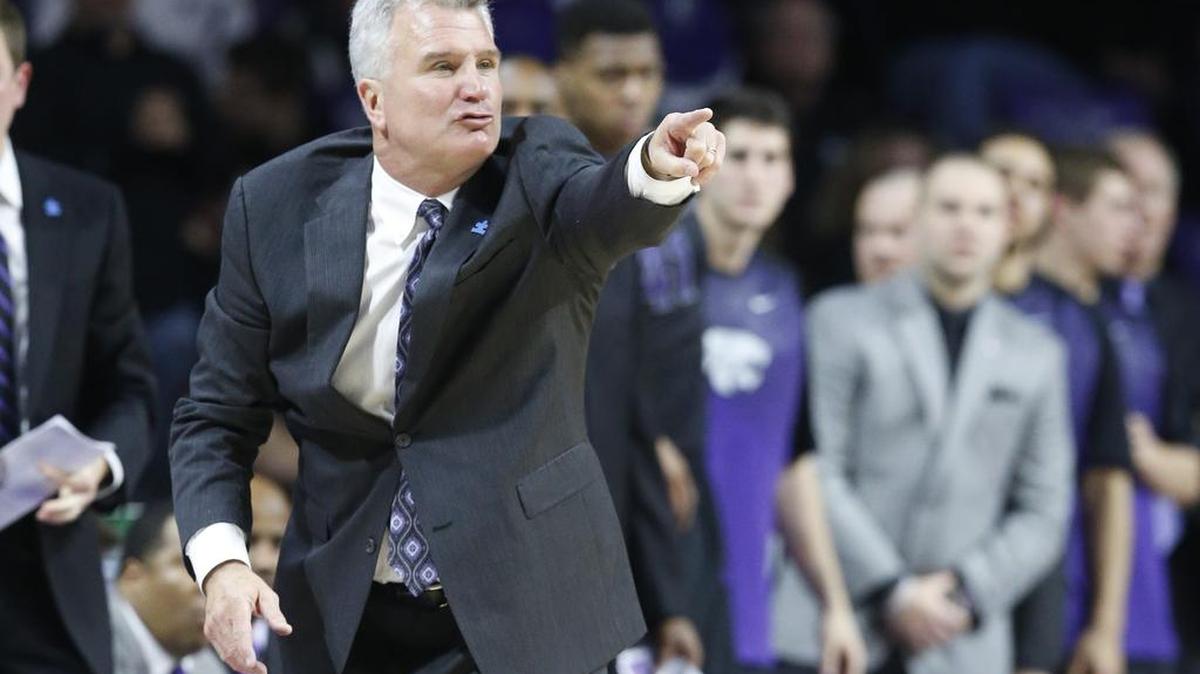 K-State head coach Bruce Weber gets frantic during the final seconds of the first half as K-State closed in on Texas to tie the score. (Feb. 7, 2015) 