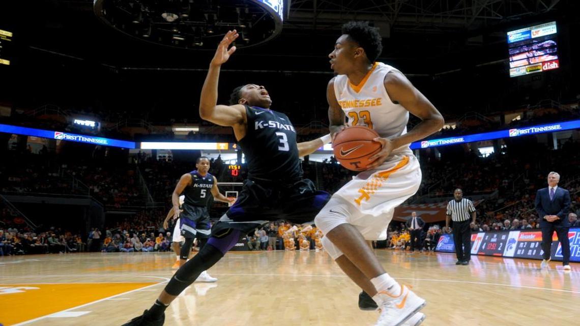Kansas State's Kamau Stokes, left, defends against Tennessee's Jordan Bowden during Saturday’s game in Knoxville, Tenn.