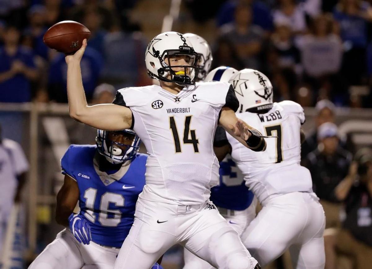 Vanderbilt quarterback Kyle Shurmur passes against Middle Tennessee in the first half of an NCAA college football game Saturday, Sept. 2, 2017, in Murfreesboro, Tenn. (AP Photo/Mark Humphrey)