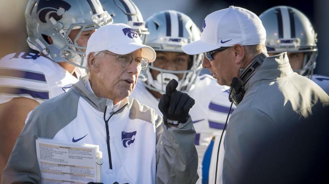 Kansas State coach Bill Snyder talks on the sideline during Saturday’s game in Lawrence.