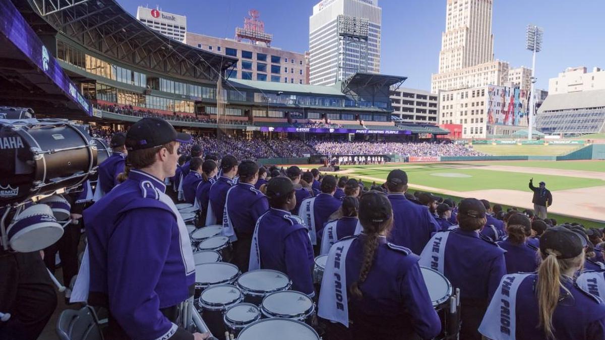 The Kansas State band prepares to play for the approximately 10,000 fans who attended a pep rally Friday at AutoZone Park in Memphis, Tenn.