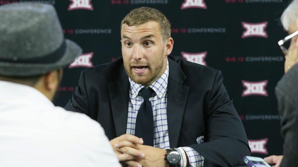 Kansas State tight end Dayton Valentine gives an interview during the Big 12 media days in Frisco, Texas, July 18.