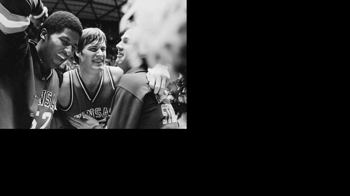 
Ed Nealy, center, celebrates with K-State teammates after they defeated Illinois in the NCAA West Regional semifinals in 1981.
