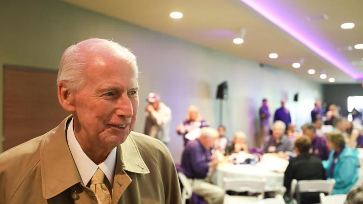 K-State football coach Bill Snyder speaks to media during the K-State Catbackers Tour at Tanganyika Wildlife Park.