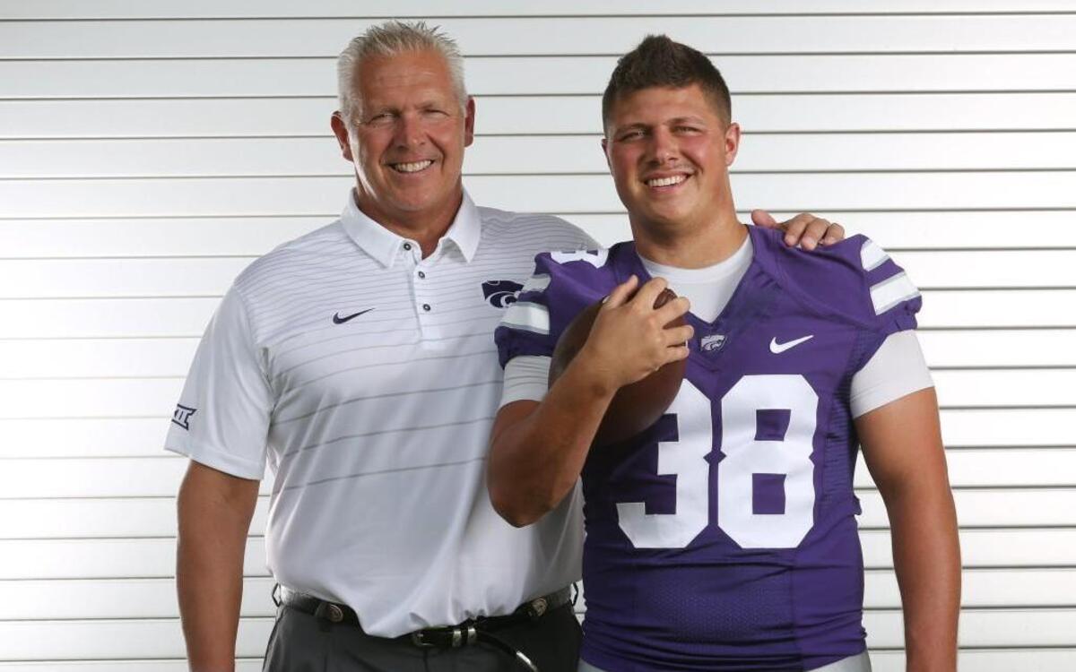 K-State offensive coordinator Dana Dimel and junior fullback Winston Dimel (August 3, 2017)