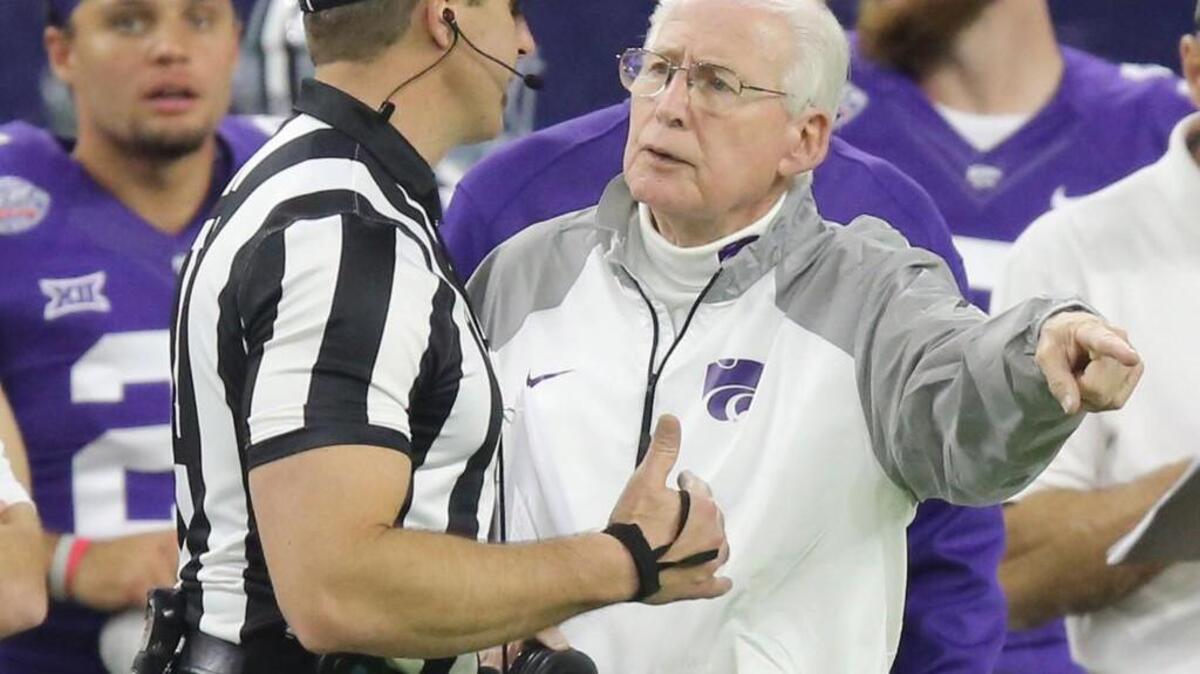 K-State coach Bill Snyder has a heated debate with officials late in the game Wednesday. K-State hung on to defeated Texas A&M 33-28.(December 28, 2016)