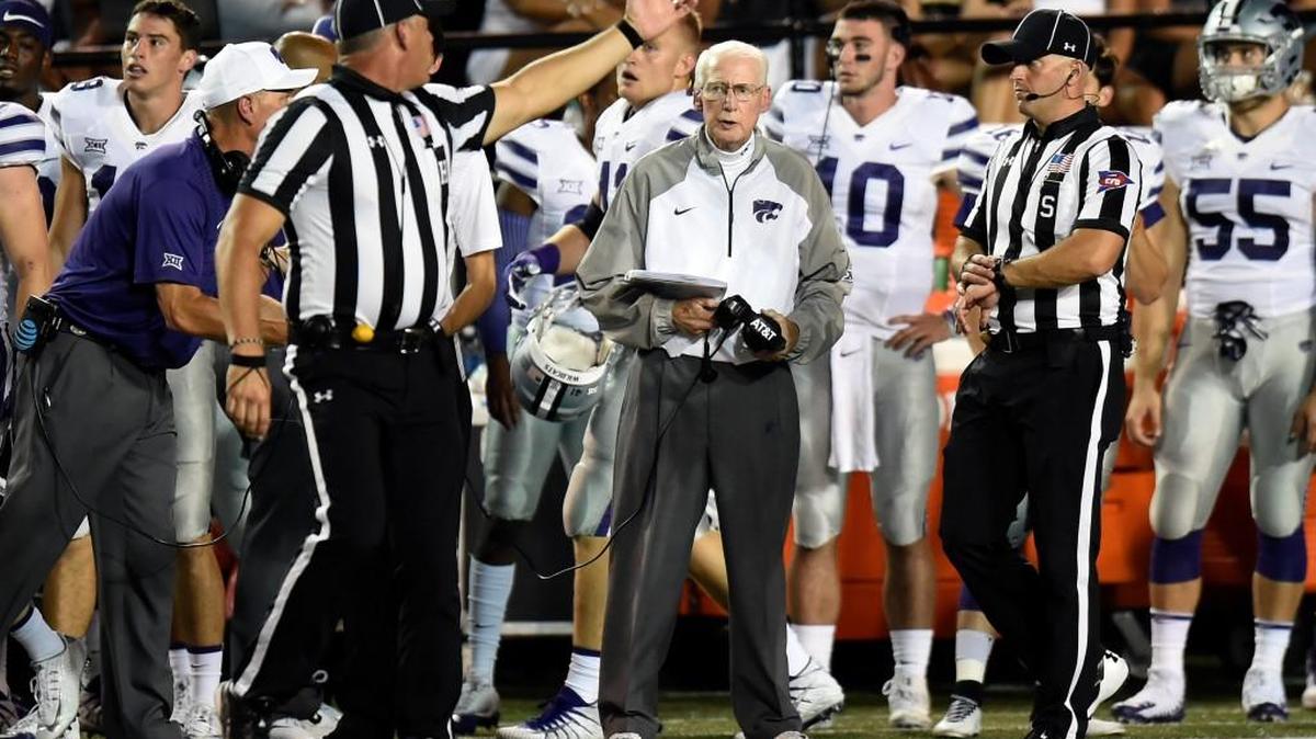Kansas State head coach Bill Snyder talks with officials in the second half of an NCAA college football game against Vanderbilt Saturday, Sept. 16, 2017, in Nashville, Tenn. Vanderbilt Won 14-7. (AP Photo/Mark Zaleski)