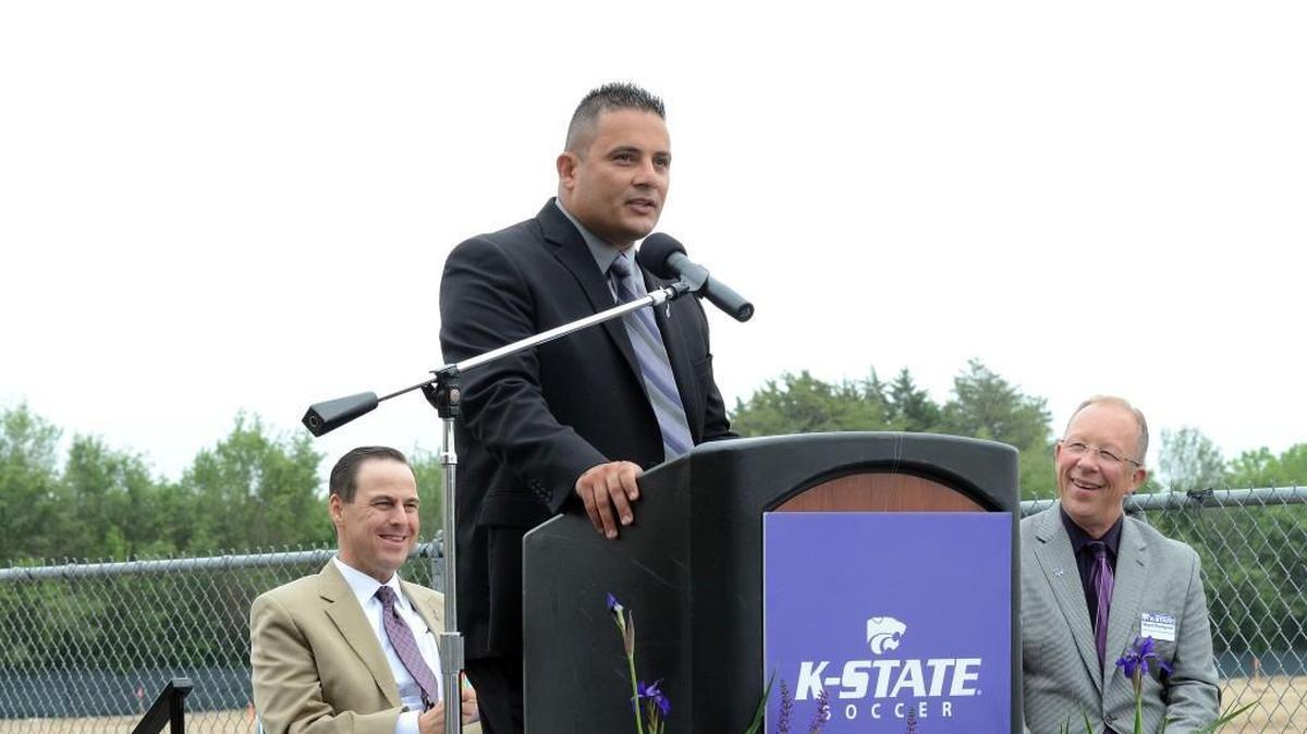 K-State soccer coach Mike Dibbini speaks at a groundbreaking ceremony for the team’s soccer complex.