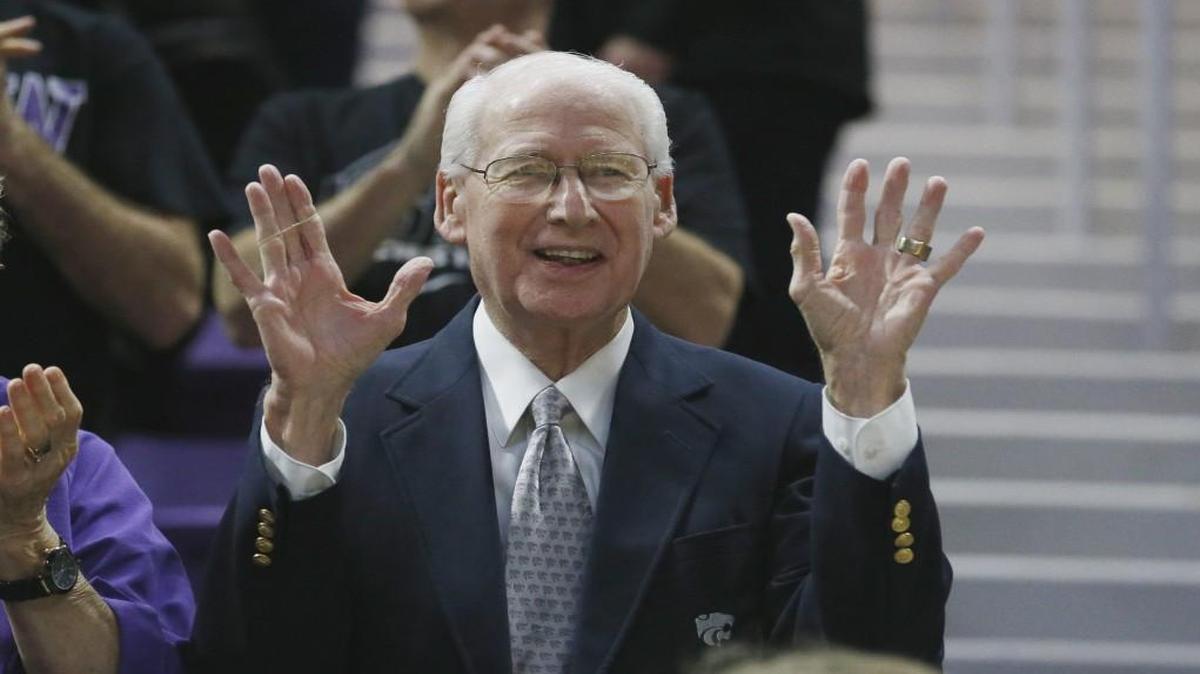 K-State football coach Bill Snyder was in the Bramlage Coliseum stands for Saturday’s game. The K-State football team was introduced before the game.
