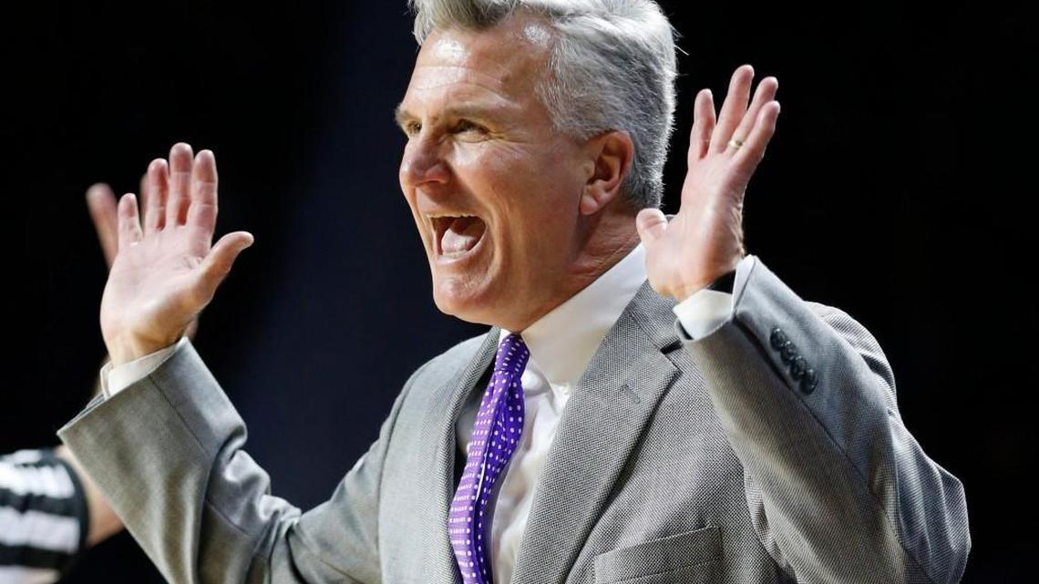 K-State coach Bruce Weber calls out instructions to his players early in the game Wednesday as Baylor took on K-State in Bramlage Coliseum.(February 10, 2016)