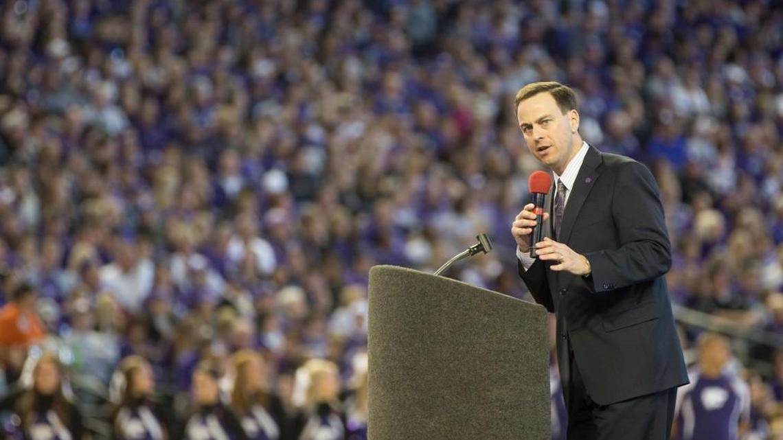 John Currie speaks during a pep rally at Chase Field in Phoenix on Jan. 2, 2013, before K-State met Oregon in the Fiesta Bowl.