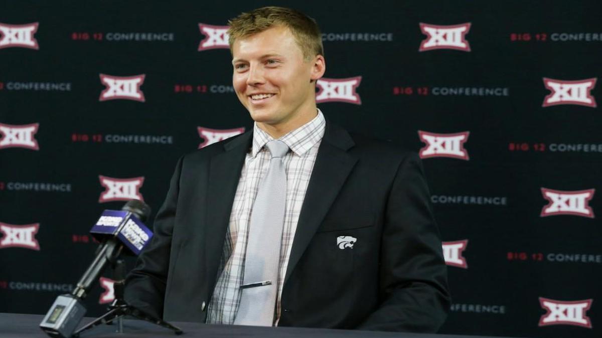 K-State quarterback Jesse Ertz smiles while giving an interview during Big 12 media day Tuesday in Frisco, Texas.