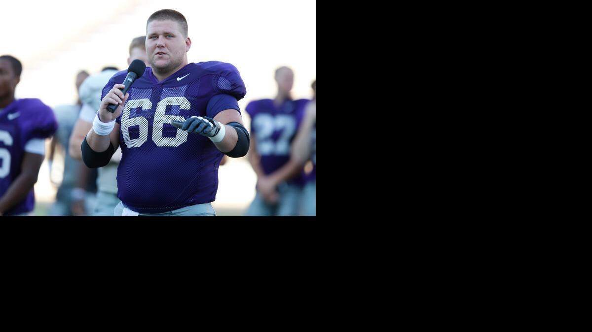 
K-State center B.J. Finney addresses the fans at Snyder Family Stadium. (Aug. 16, 2014)
