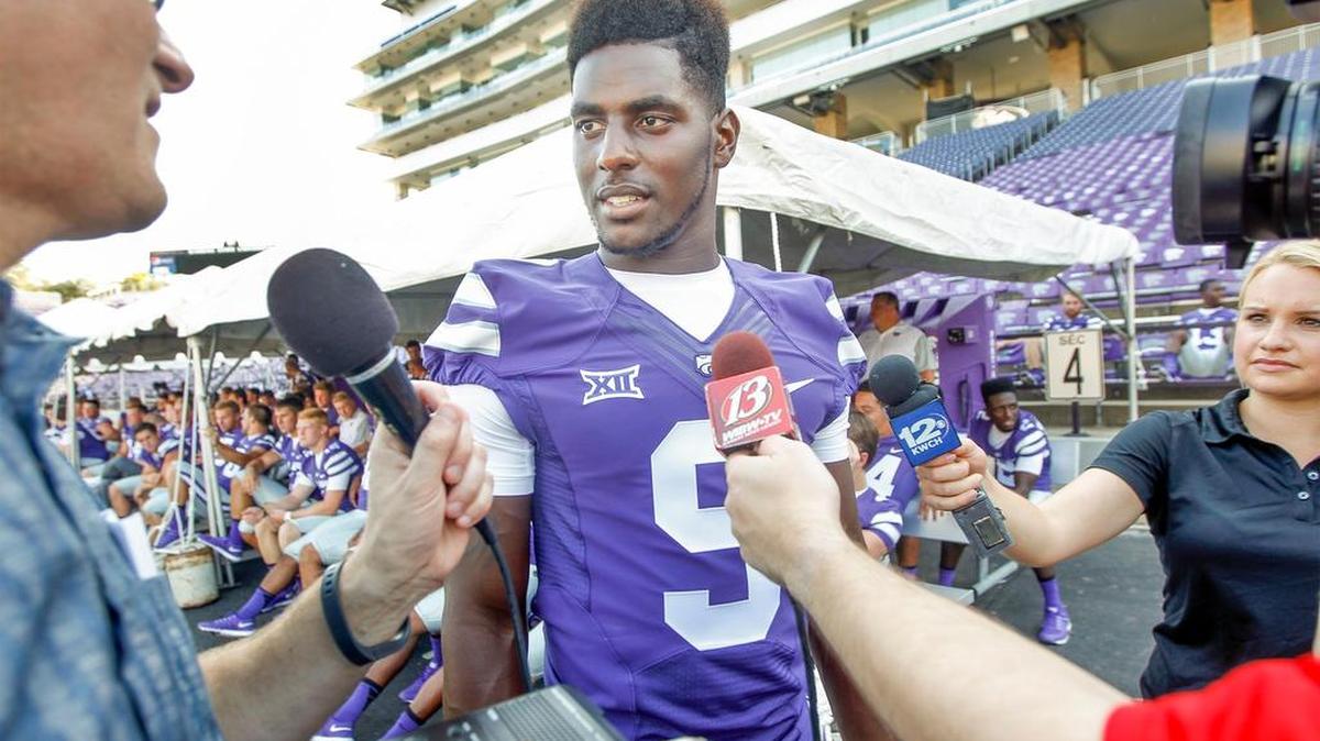 
Kansas State linebacker Elijah Lee talks with reporters during media day Aug. 8 in Manhattan.
