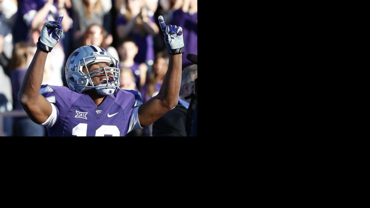 
K-State wide receiver Tyler Lockett celebrates a touchdown against Kansas on Nov. 29.
