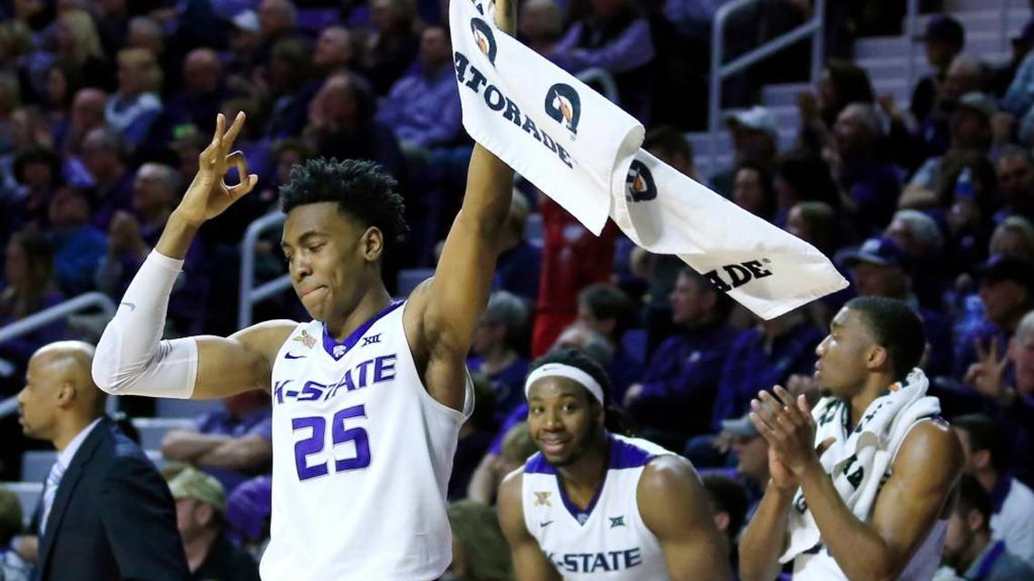 Kansas State senior Wesley Iwundu celebrates a basket against Texas Tech at Bramlage Coliseum, March 4, 2017. (AP Photo/Orlin Wagner)