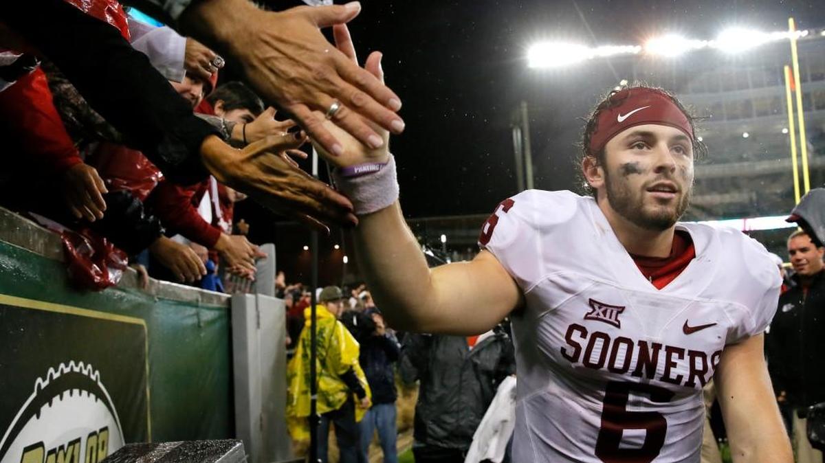 Oklahoma quarterback Baker Mayfield greets fans after their game against Baylor. Oklahoma won 44-34.