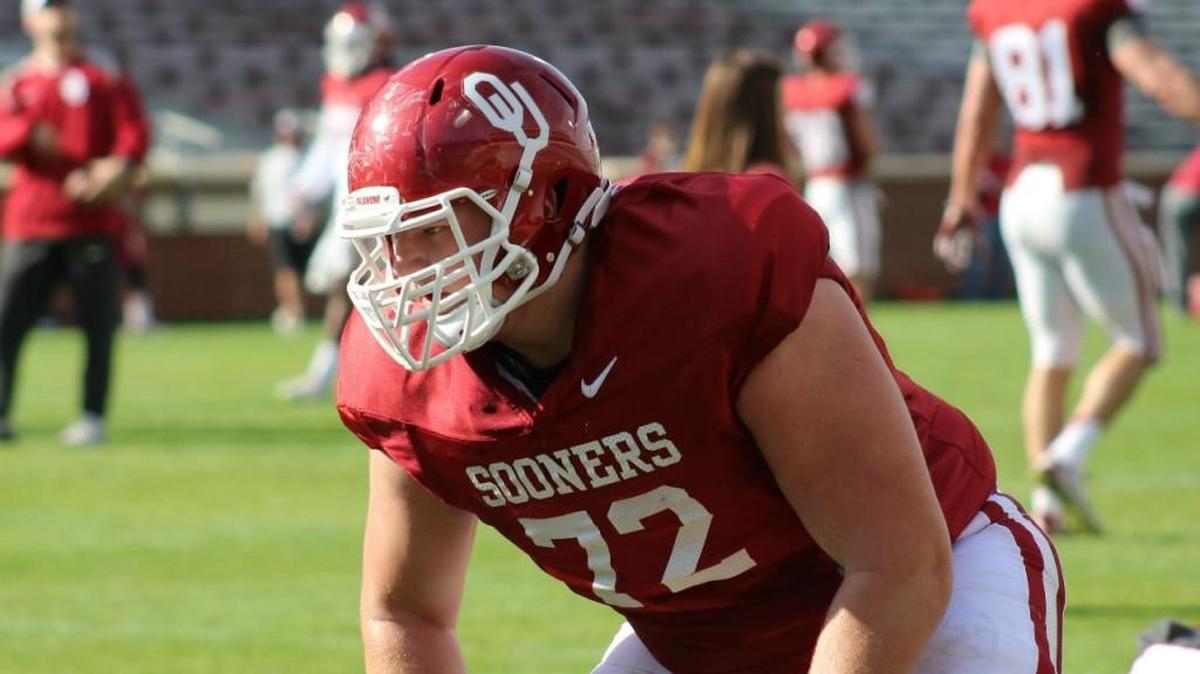 Oklahoma offensive lineman Ben Powers runs through drills during spring practice. Power, a Kapaun Mount Carmel product, has a shot to start for the Sooners this fall at right guard.