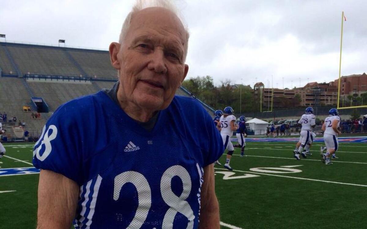 
Bryan Sperry, who lettered in football for both K-State and KU during the 1940s, scored a touchdown Saturday during the Jayhawks’ alumni game.
