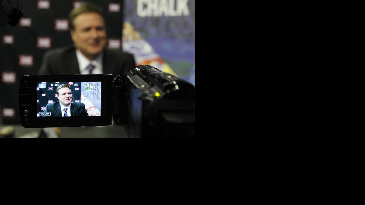 
Kansas coach Bill Self is seen on a video monitor as he talks about his team's upcoming season during the Big 12 Conference Media Day event Wednesday at the Sprint Center in Kansas City, Mo.
