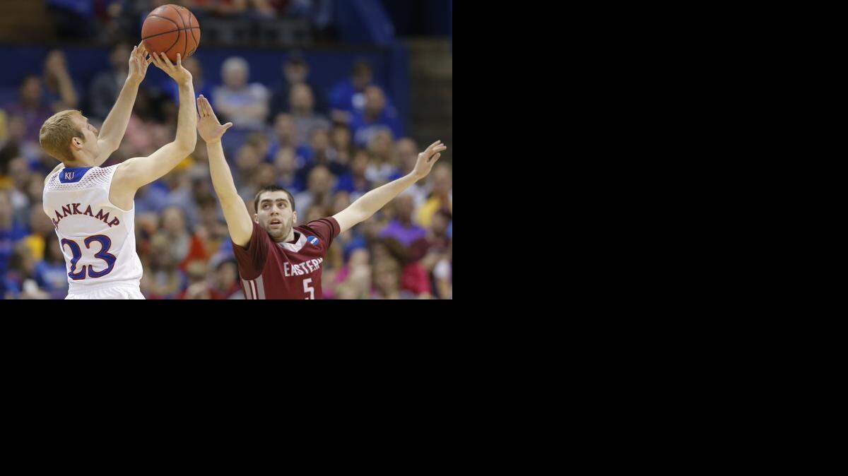 
Kansas’ Conner Frankamp shoots against Eastern Kentucky in last year’s NCAA Tournament.
