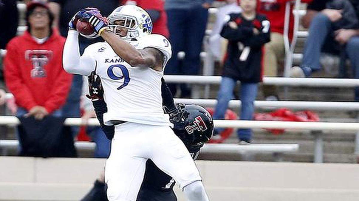 
Kansas’ Nigel King makes a catch against Texas Tech in October.
