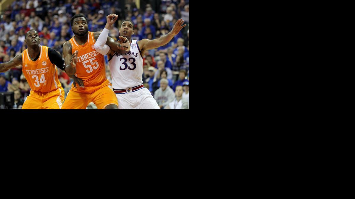 
Kansas forward Landen Lucas, right, during Friday’s win over Tennessee in the semifinals of the Orlando Classic.
