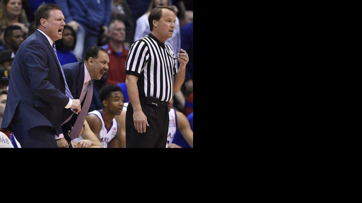 
Kansas coach Bill Self, left, shouts during the Feb. 14 game against Baylor.
