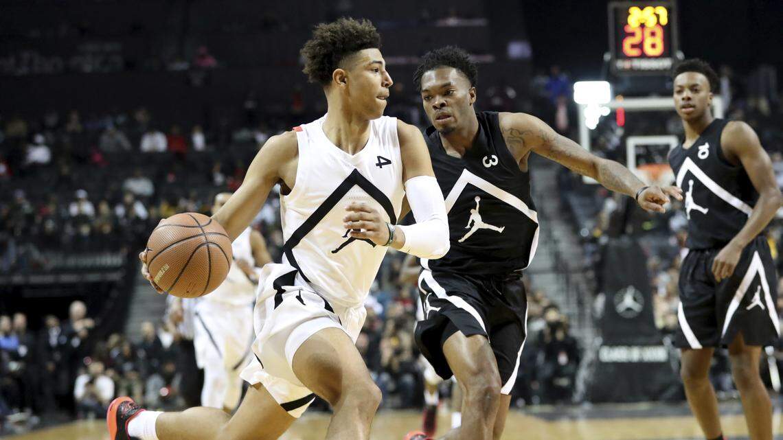 Quentin Grimes, left, plays during the Jordan Brand Classic game April 8 in Brooklyn. Grimes will be a freshman at Kansas this fall.