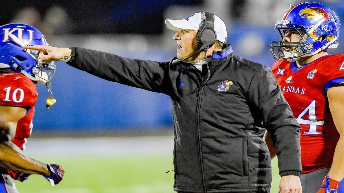 Kansas Jayhawks head coach David Beaty pointed to his players during the second half of the college football game on Saturday at Memorial Stadium in Lawrence. The Kansas Jayhawks defeated the Texas Longhorns 24-21 in overtime.