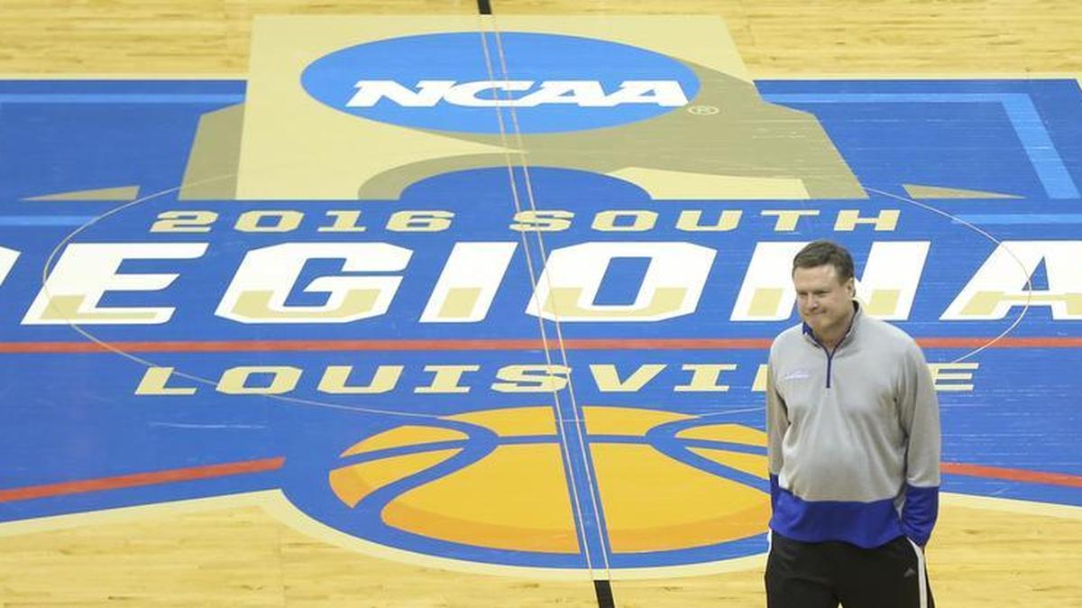 Kansas coach Bill Self walks across the court while his team takes part in a light practice in Louisville, Ky. on Wednesday. The Jayhawks will take on Maryland in the Sweet 16 on Wednesday.