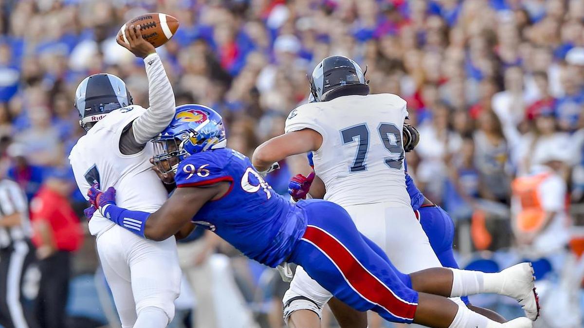 Kansas defensive tackle Daniel Wise almost sacked Rhode Island quarterback Wesley McKoy in the Jayhawks’ season opener.