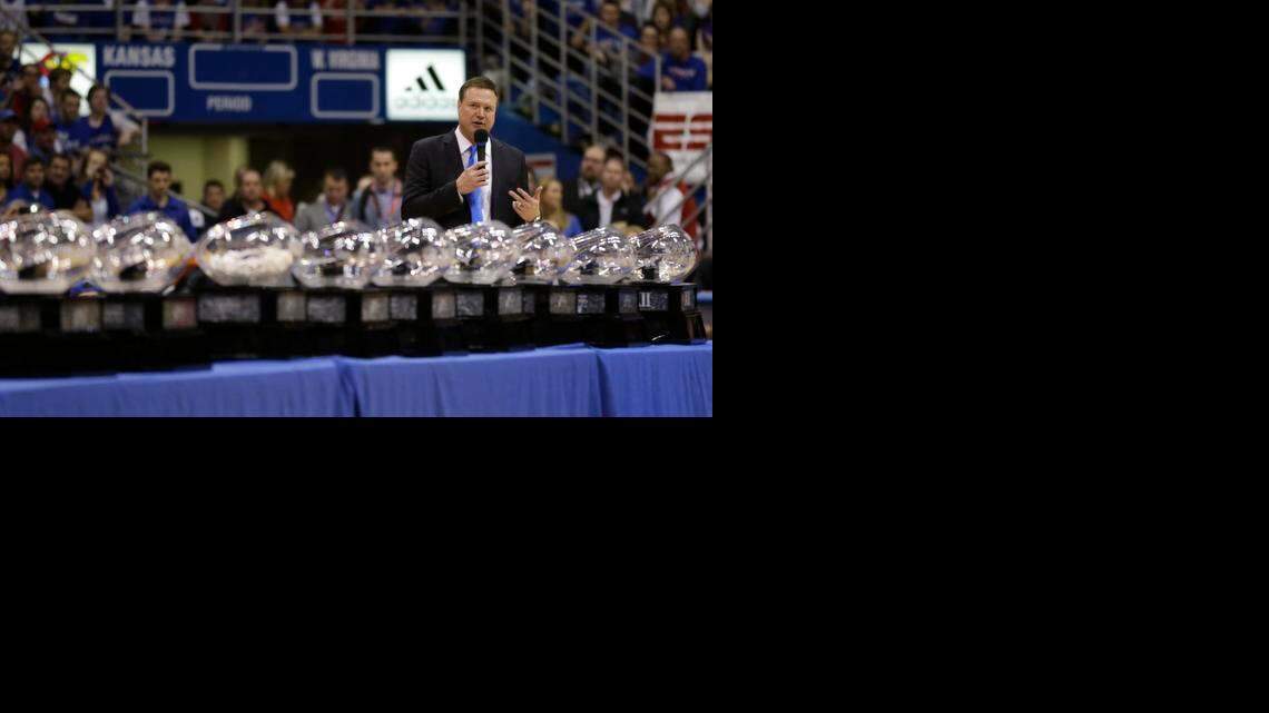 
Kansas coach Bill Self speaks to the crowd after Kansas defeated West Virginia 76-69 in overtime on Tuesday.
