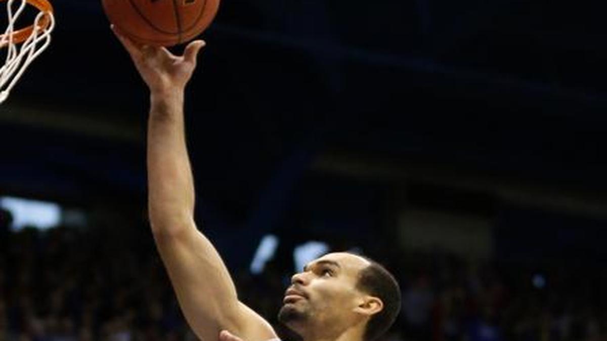 
Kansas junior Perry Ellis had 13 points and 10 rebounds in the first half against Kansas State on Saturday in Lawrence.
