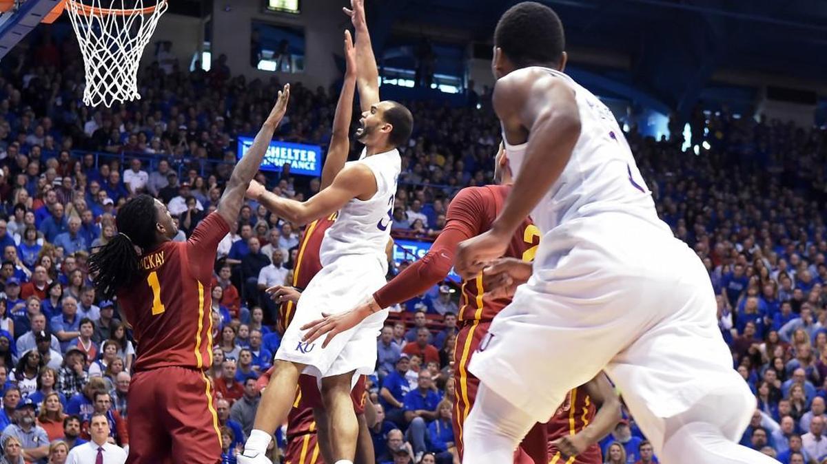 Kansas' Perry Ellis shoots over Iowa State's Jameel McCay during the first half on Saturday.